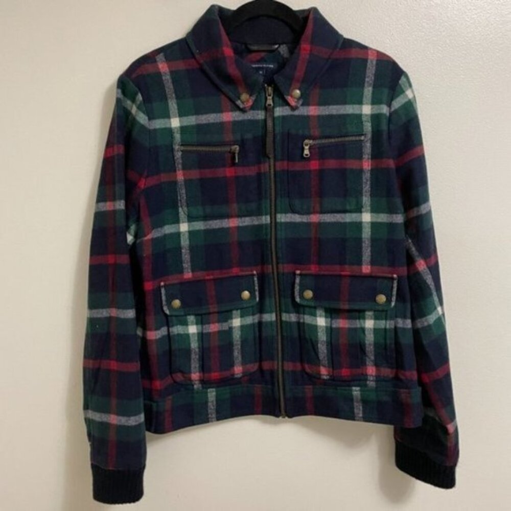 TOMMY hilfiger womens green tartan plaid coat zip up jacket academia size xl